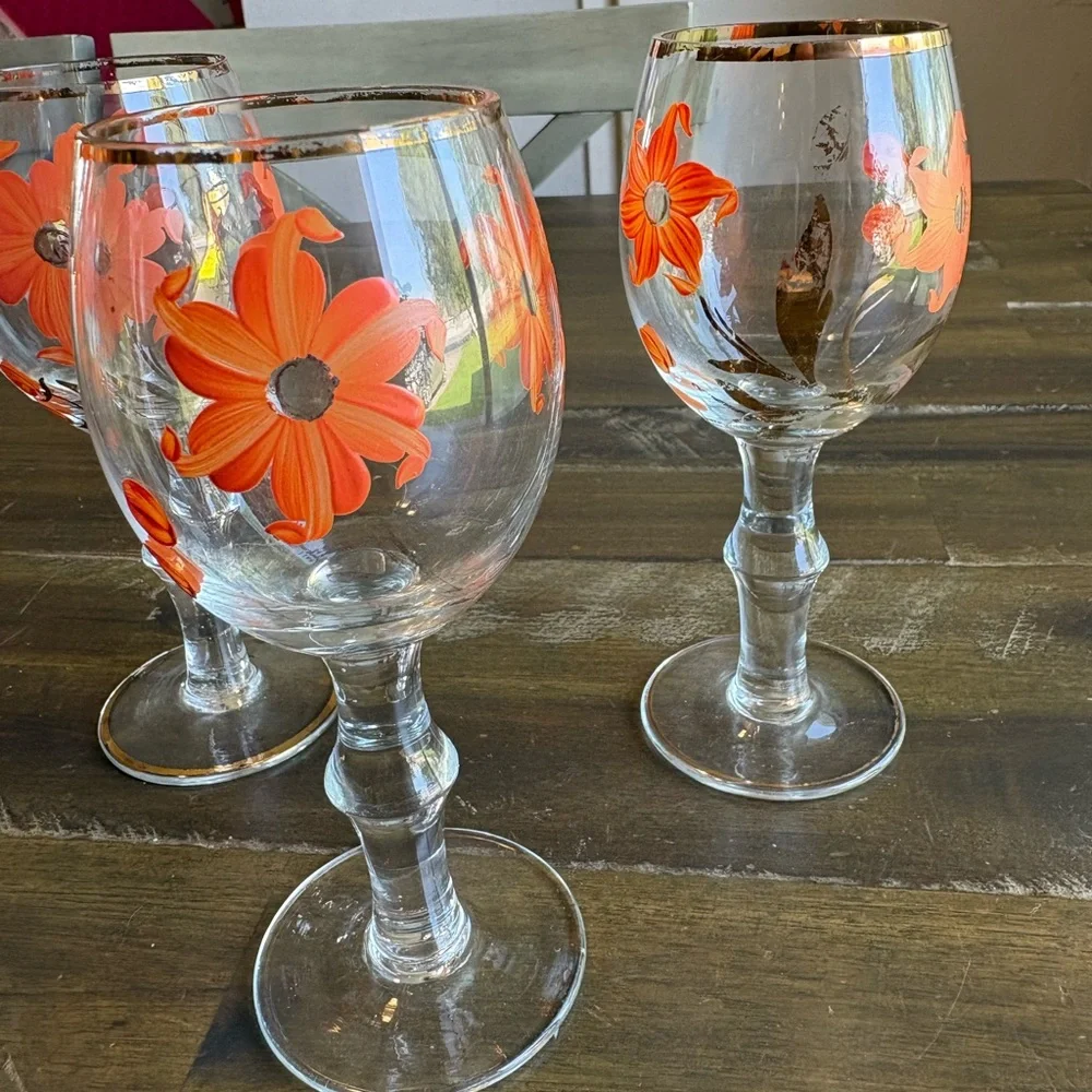 MCM Decanter Set Orange & Gold Gilded Striped Cordial Glass Hand Painted Floral - Picture 11 of 11